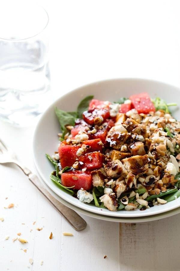Balsamic Watermelon Chicken Salad in a white bowl.