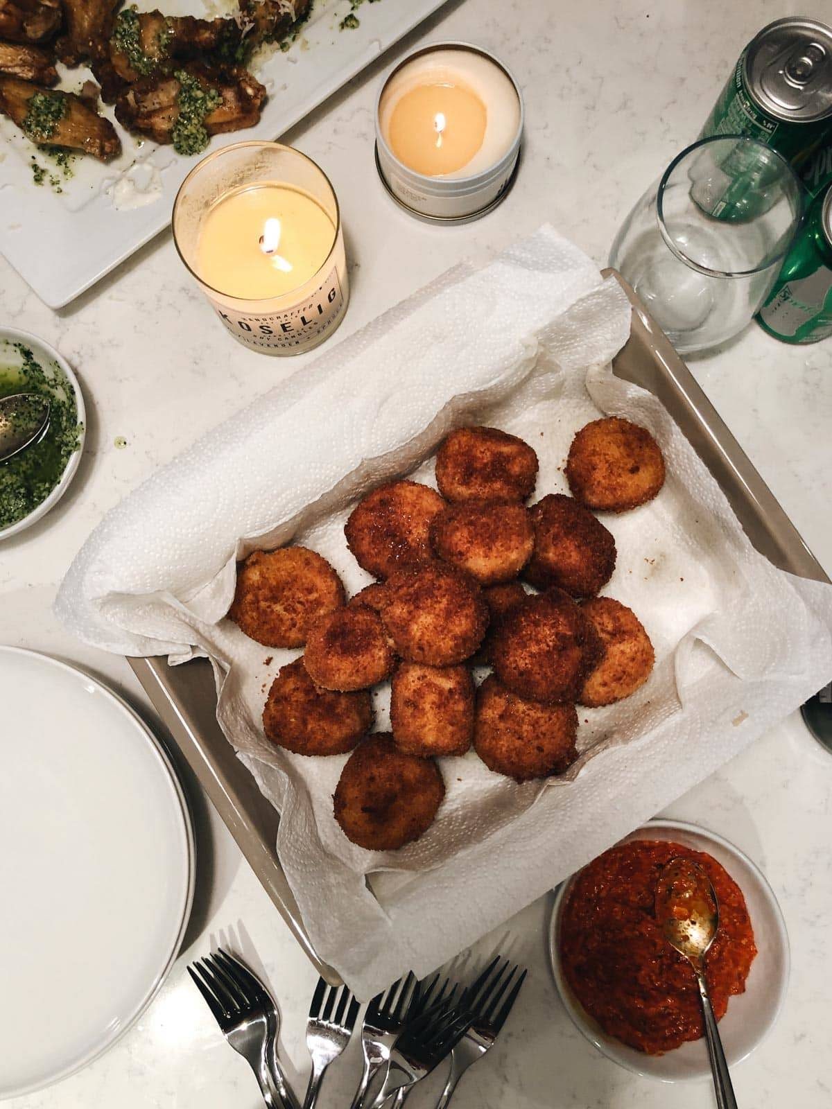 Meatballs in a tray.