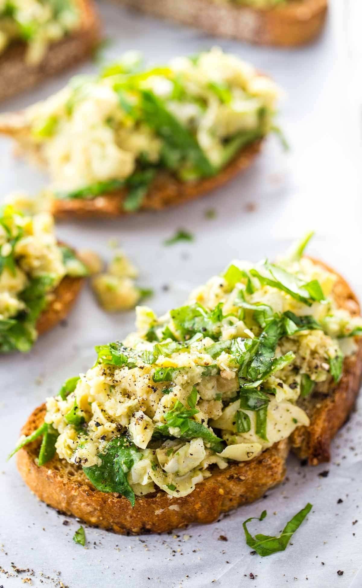 White Bean Artichoke Basil Toasts.