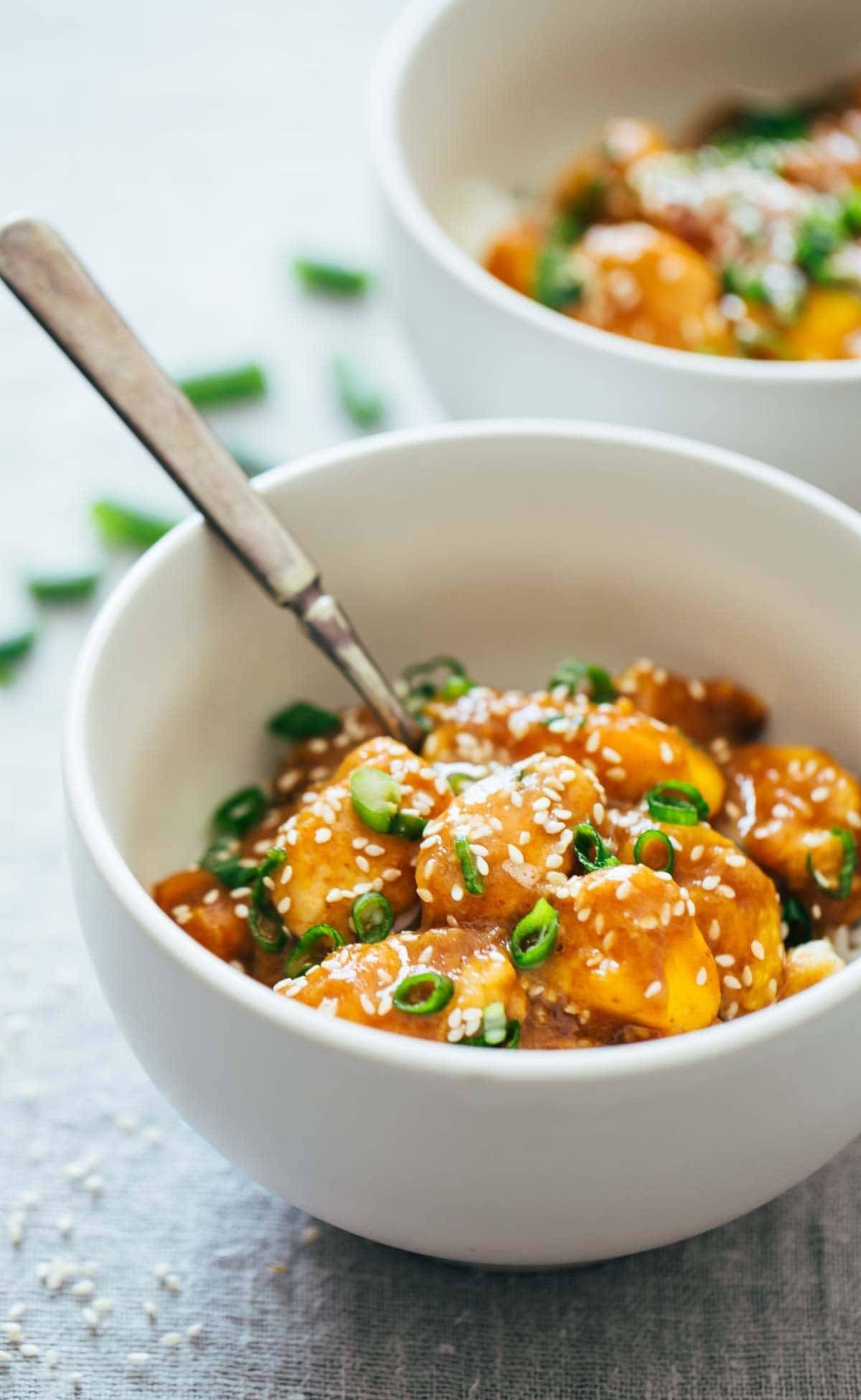 Sesame Mango Chicken Teriyaki in a bowl.