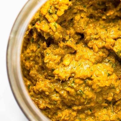 Homemade Yellow Curry Paste in a food processor.