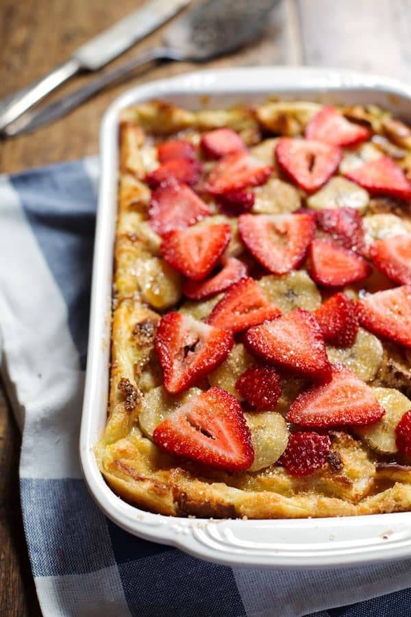Coconut French Toast Bake with strawberries and bananas.