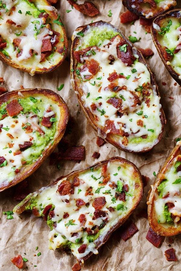 Cheesy Bacon and Kale Potato Skins.
