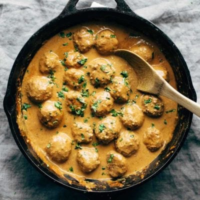 Masala Sauce in a pan with vegetarian meatballs.