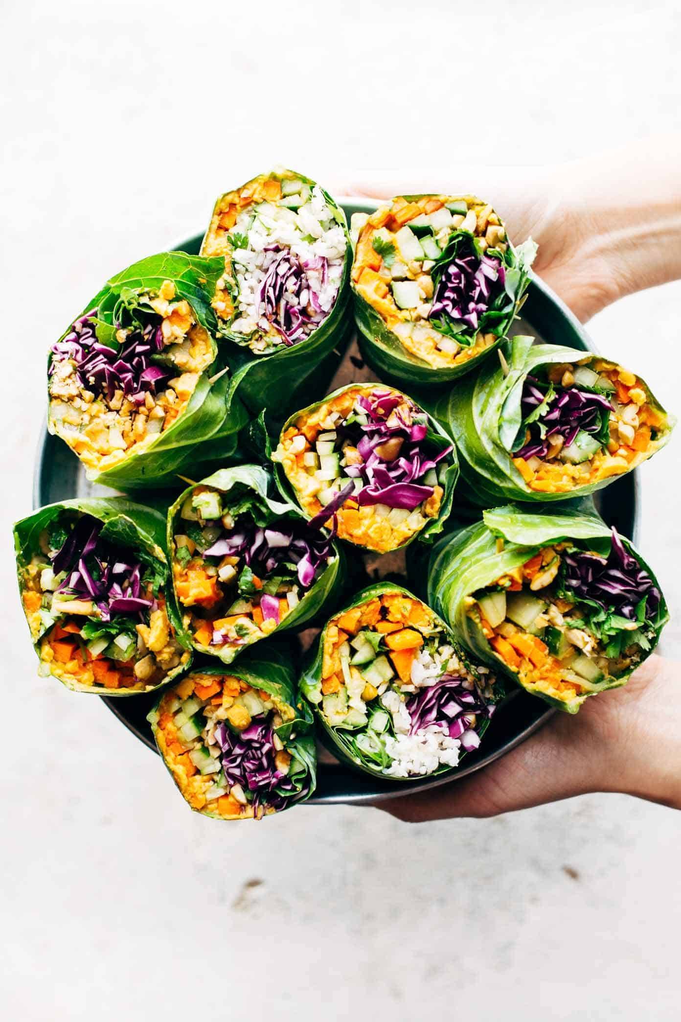Plate of veggie wraps.