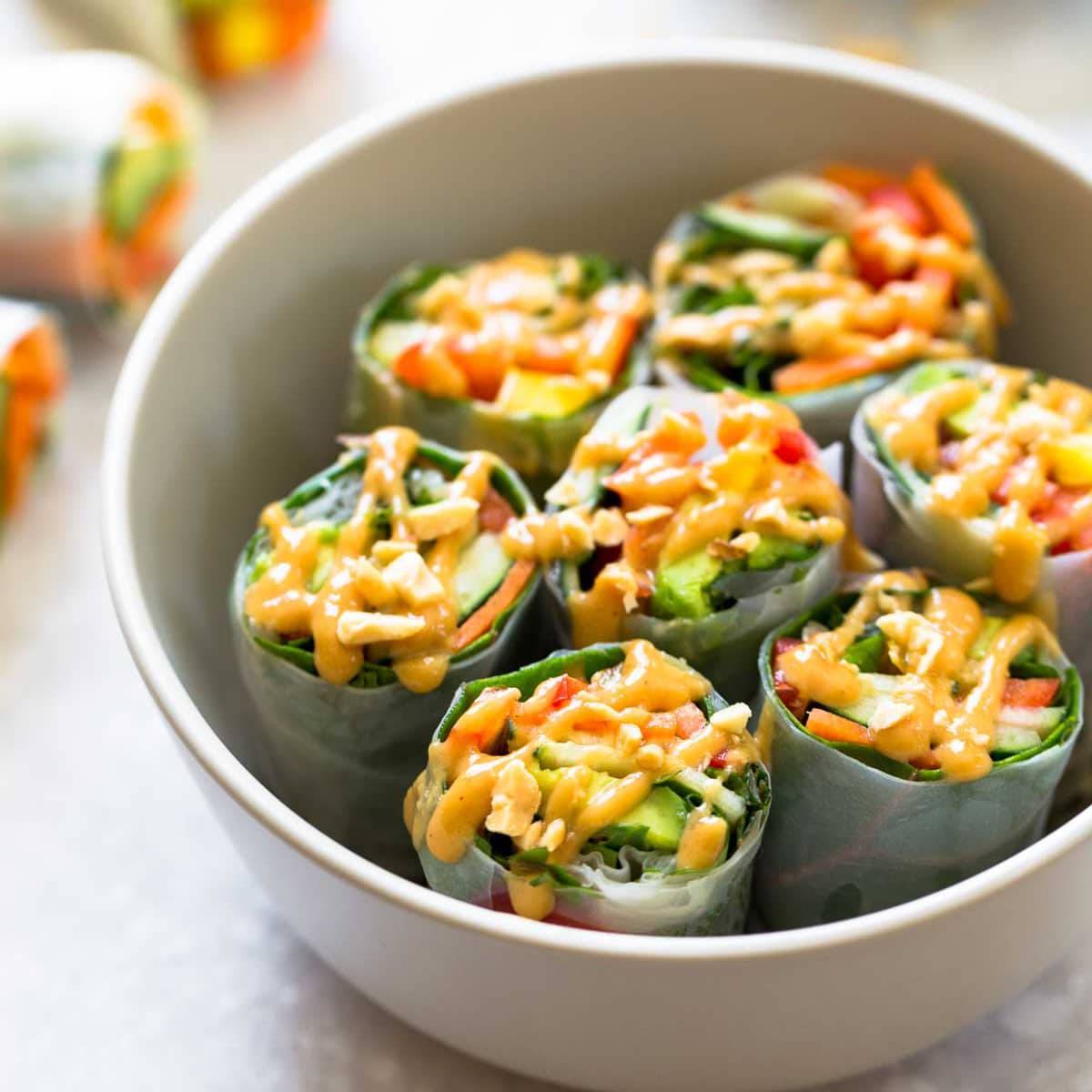 Thai Summer Rolls with Peanut Sauce in bowl.