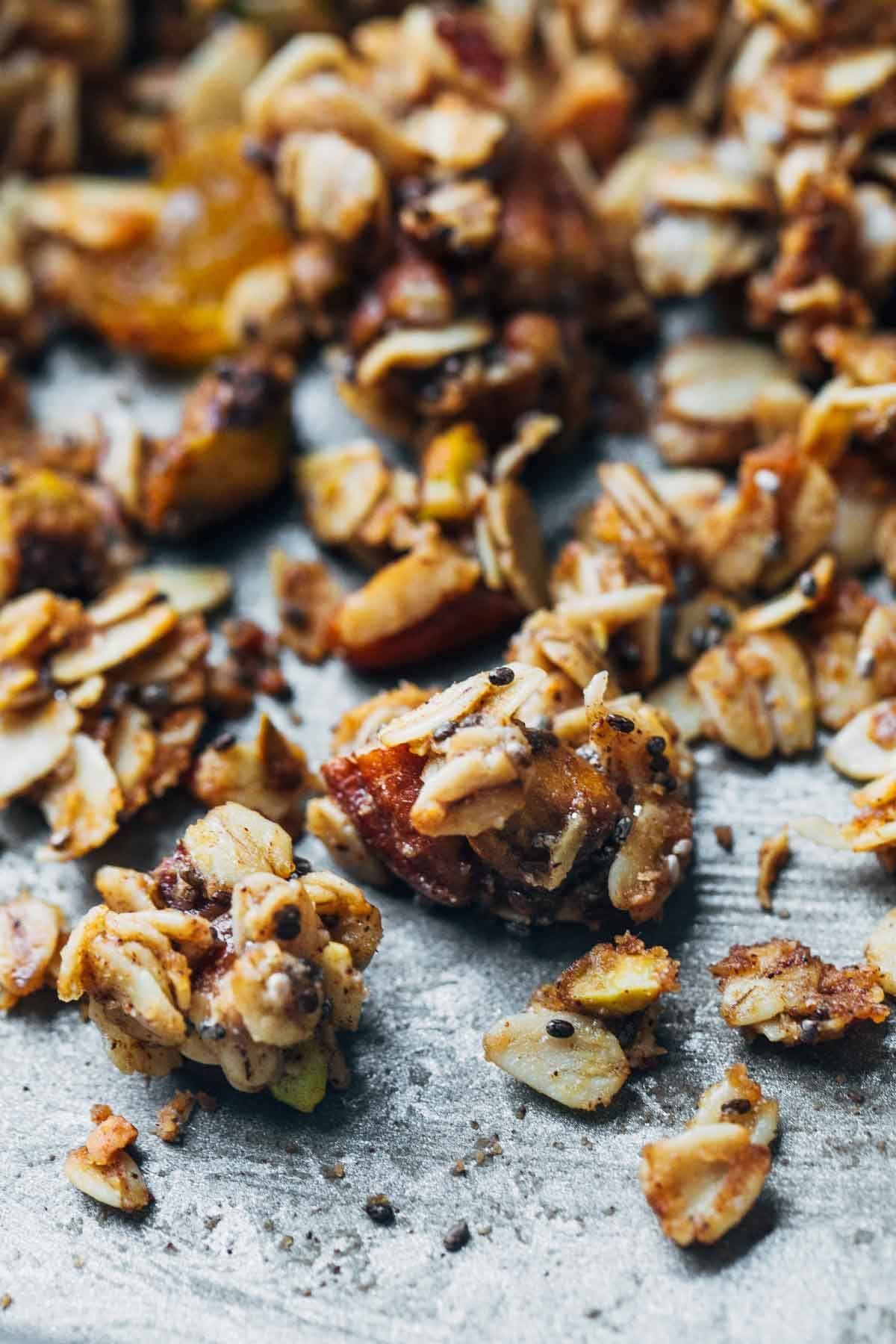 Granola on a sheet pan.