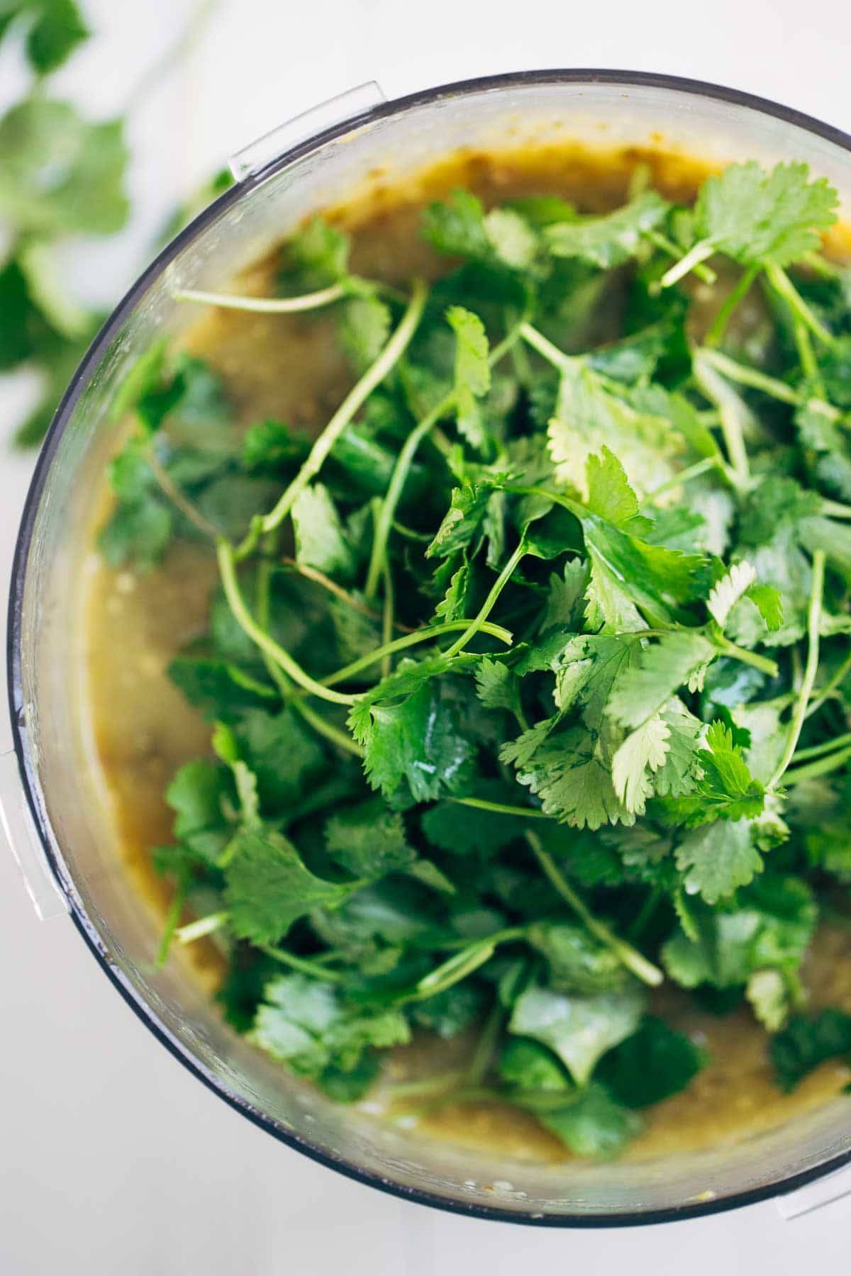 Cilantro in a food processor.